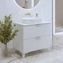 Garnero Arredamenti Mobili Bagno A Terra-Mobile bagno a terra 81cm con colonna bianco frontali decorati Konny Bianco Lucido - Bianco opaco