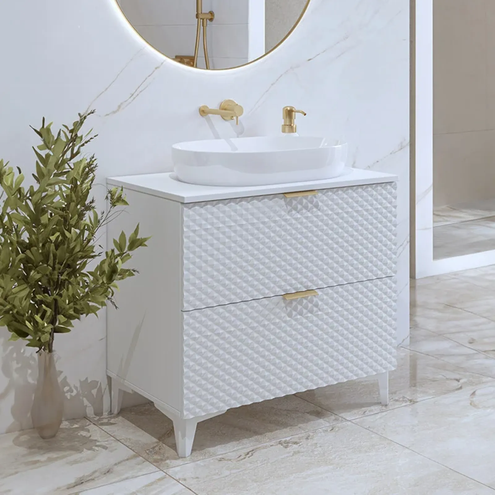 Garnero Arredamenti Mobili Bagno A Terra-Mobile bagno a terra 81cm con colonna bianco frontali decorati Konny Bianco Lucido - Bianco opaco