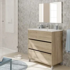 Garnero Arredamenti Mobili Bagno A Terra-Mobile bagno a terra 82cm con lavabo e specchio 3 cassetti Shutter Rovere