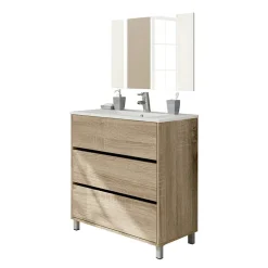 Garnero Arredamenti Mobili Bagno A Terra-Mobile bagno a terra 82cm con lavabo e specchio 3 cassetti Shutter Rovere