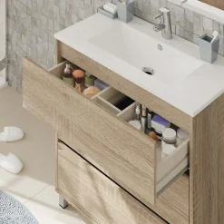 Garnero Arredamenti Mobili Bagno A Terra-Mobile bagno a terra 82cm con lavabo e specchio 3 cassetti Shutter Rovere