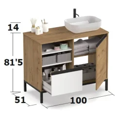 Garnero Arredamenti Mobili Bagno A Terra-Mobile bagno a terra 100cm con lavabo 1 anta 1 cassetto rovere bianco Jasmund