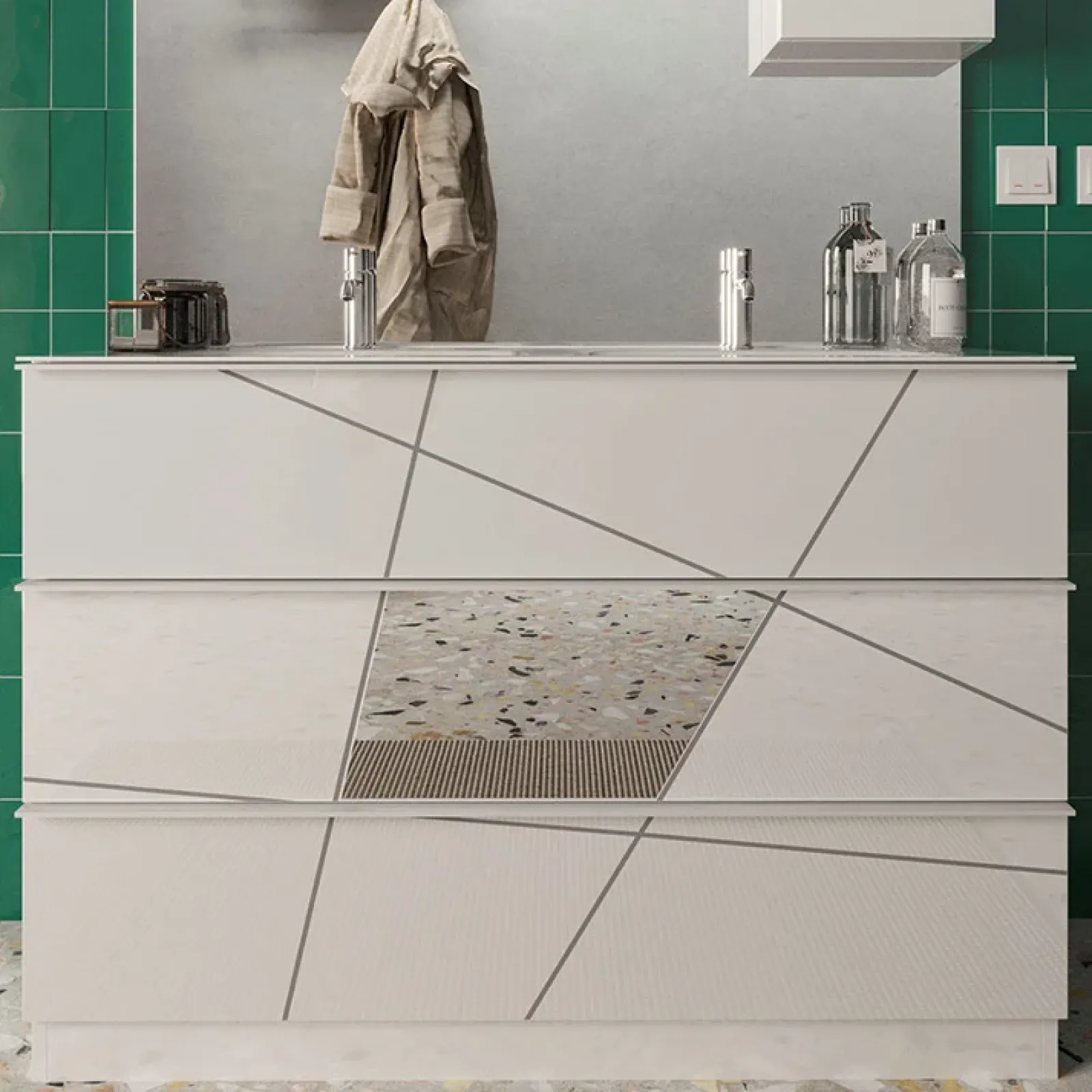 Garnero Arredamenti Mobili Bagno A Terra-Mobile bagno a terra 120cm con doppio lavabo 3 cassetti bianco lucido specchi Olimpo