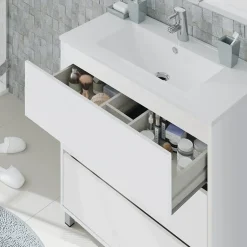Garnero Arredamenti Mobili Bagno A Terra-Mobile bagno a terra 82cm con lavabo e specchio 3 cassetti Shutter Bianco Opaco