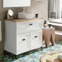 Garnero Arredamenti Mobili Bagno A Terra-Mobile bagno a terra 82cm con lavabo 2 ante bianco rovere Ilias