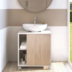 Garnero Arredamenti Mobili Bagno A Terra-Mobile bagno a terra 64cm con ruote 1 anta rovere bianco Irma