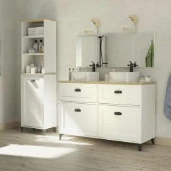 Garnero Arredamenti Mobili Bagno A Terra-Mobile bagno a terra 120cm con doppio lavabo 2 ante 2 cassetti bianco rovere Ilias