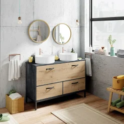 Garnero Arredamenti Mobili Bagno A Terra-Mobile bagno a terra 120cm con doppio lavabo 1 anta 2 cassetti rovere antracite Crown