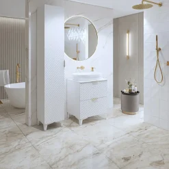 Garnero Arredamenti Mobili Bagno A Terra-Mobile bagno a terra 61cm con colonna bianco frontali decorati Konny Bianco Lucido - Bianco opaco