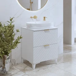 Garnero Arredamenti Mobili Bagno A Terra-Mobile bagno a terra 61cm con colonna bianco frontali decorati Konny Bianco Lucido - Bianco opaco
