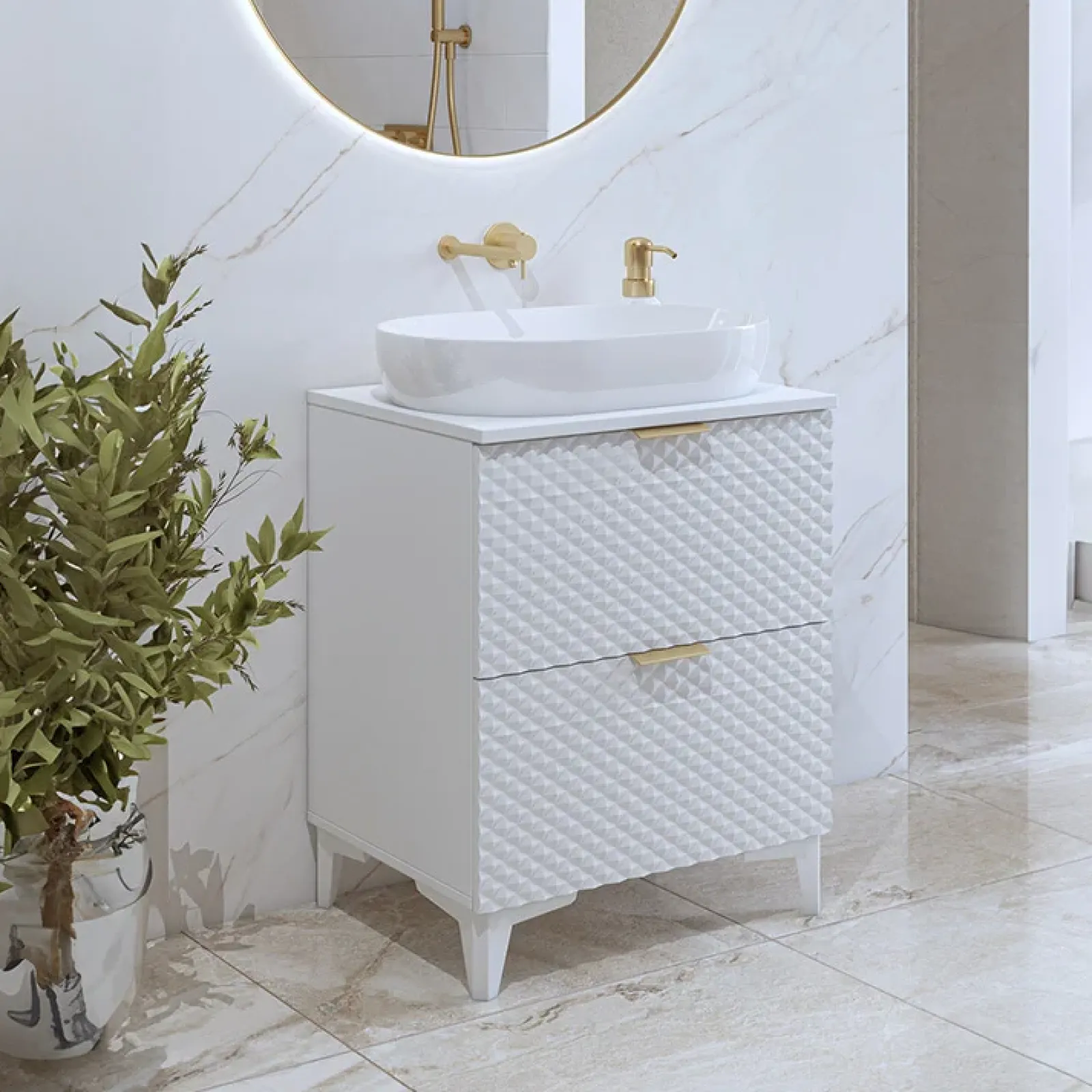 Garnero Arredamenti Mobili Bagno A Terra-Mobile bagno a terra 61cm con colonna bianco frontali decorati Konny Bianco Lucido - Bianco opaco