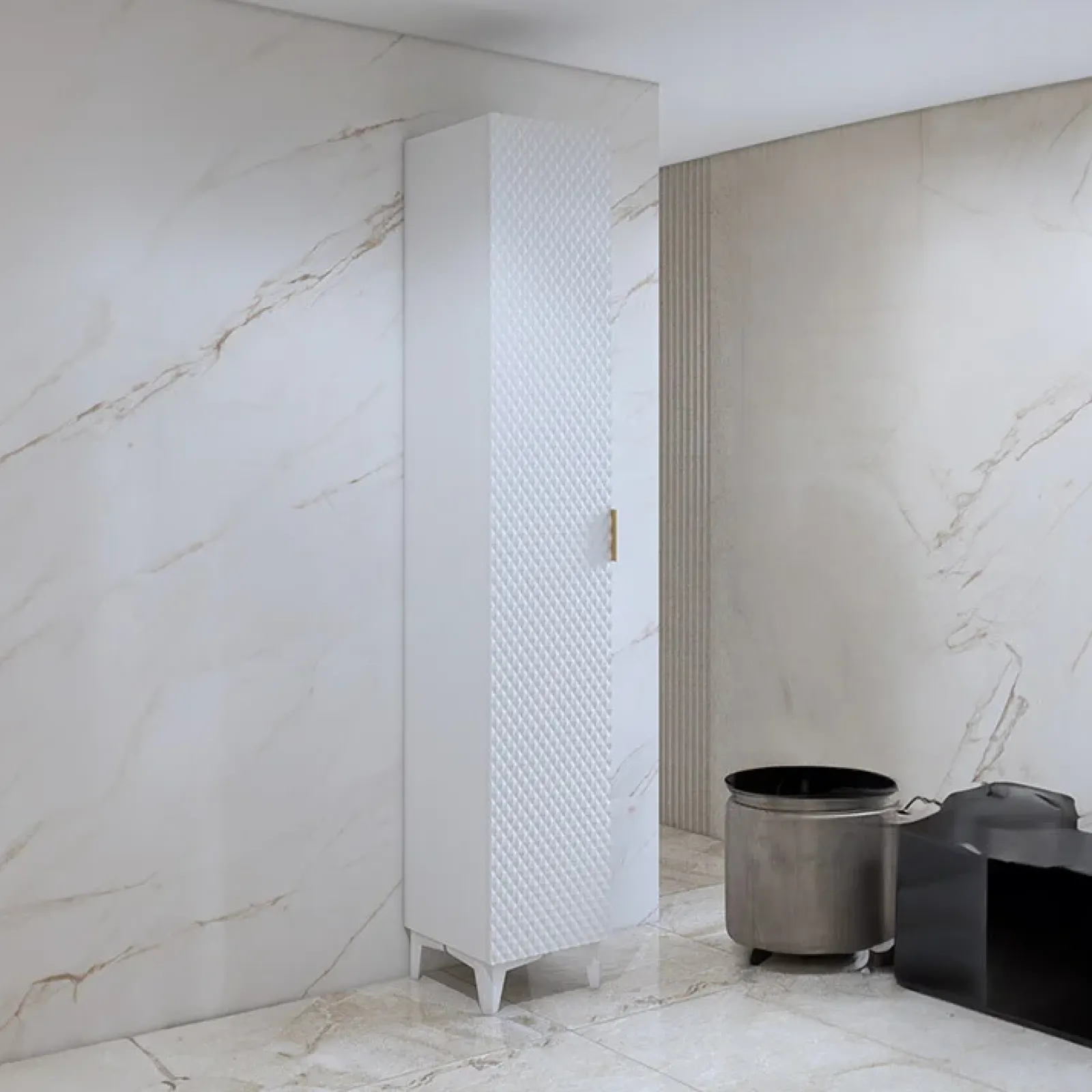 Garnero Arredamenti Mobili Bagno A Terra-Mobile bagno a terra 61cm con colonna bianco frontali decorati Konny Bianco Lucido - Bianco opaco