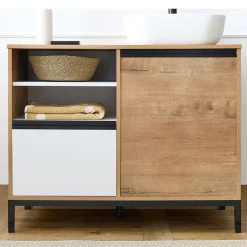 Garnero Arredamenti Mobili Bagno A Terra-Mobile bagno a terra 100cm con lavabo e colonna 3 ante 1 cassetto bianco Jasmund Rovere