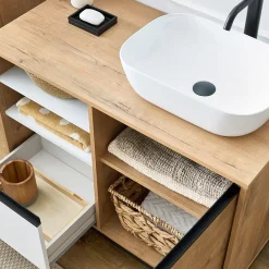Garnero Arredamenti Mobili Bagno A Terra-Mobile bagno a terra 100cm con lavabo e colonna 3 ante 1 cassetto bianco Jasmund Rovere
