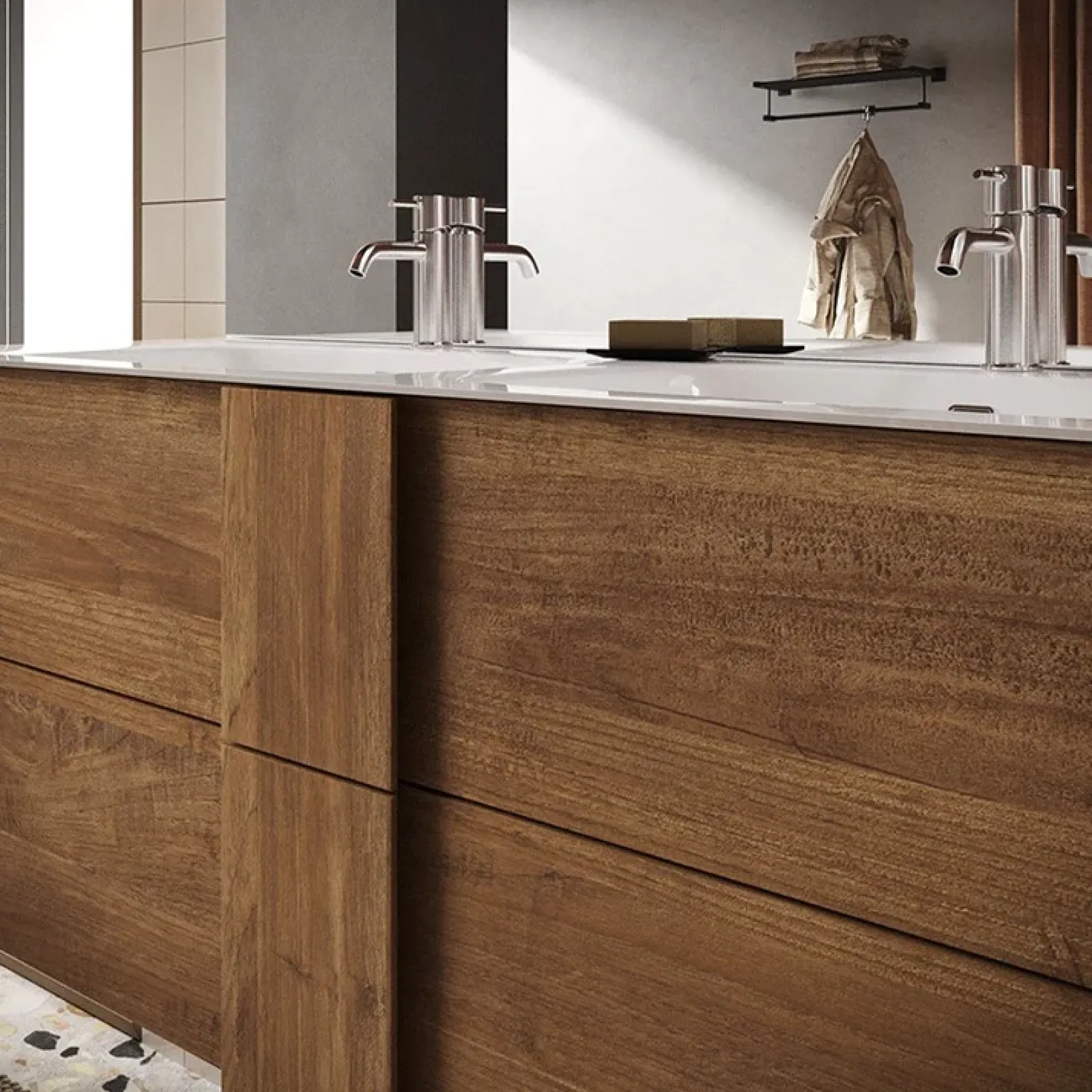 Garnero Arredamenti Mobili Bagno A Terra-Mobile bagno a terra 120cm con doppio lavabo 3 cassetti rovere Alvarez