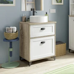 Garnero Arredamenti Mobili Bagno A Terra-Mobile bagno a terra 61cm con lavabo 1 cassetto 1 anta rovere bianco Ilias