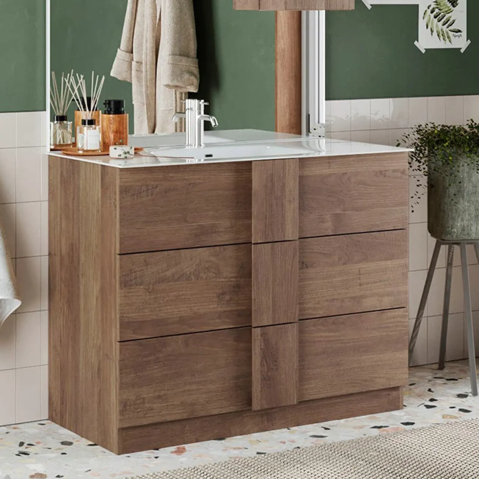 Garnero Arredamenti Mobili Bagno A Terra-Mobile bagno a terra 100cm con lavabo 3 cassetti rovere Alvarez