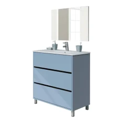 Garnero Arredamenti Mobili Bagno A Terra-Mobile bagno a terra 82cm con lavabo e specchio 3 cassetti blu chiaro Shutter Azzurro