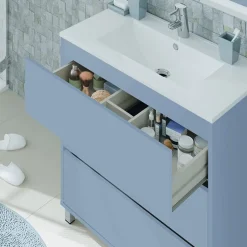 Garnero Arredamenti Mobili Bagno A Terra-Mobile bagno a terra 82cm con lavabo e specchio 3 cassetti blu chiaro Shutter Azzurro