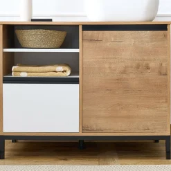 Garnero Arredamenti Mobili Bagno A Terra-Mobile bagno a terra 100cm con lavabo e colonna 3 ante 1 cassetto bianco rovere Jasmund Bianco Opaco - Rovere