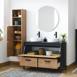 Garnero Arredamenti Mobili Bagno A Terra-Mobile bagno a terra 120cm con doppio lavabo e colonna rovere antracite Crown