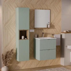 Garnero Arredamenti Mobile Bagno Sospeso-Mobile bagno sospeso cannettato 50cm con lavabo, specchio e colonna verde salvia rovere Greeny