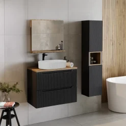 Garnero Arredamenti Mobile Bagno Sospeso-Mobile bagno sospeso cannettato 80cm con lavabo e colonna rovere Cleany Nero