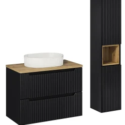 Garnero Arredamenti Mobile Bagno Sospeso-Mobile bagno sospeso cannettato 80cm con lavabo e colonna rovere Cleany Nero