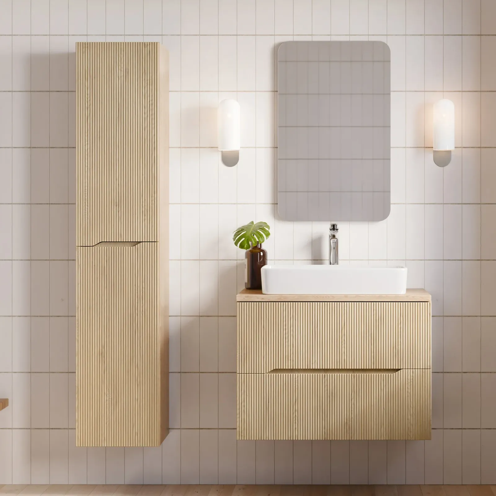 Garnero Arredamenti Mobile Bagno Sospeso-Mobile bagno sospeso cannettato 80cm con colonna rovere Pretty