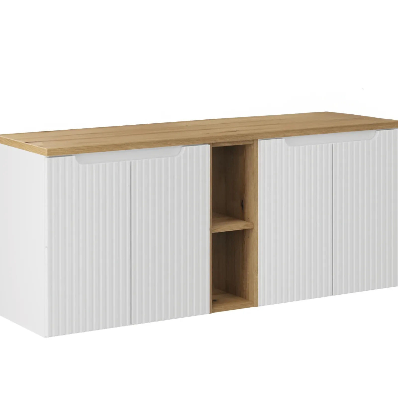 Garnero Arredamenti Mobile Bagno Sospeso-Mobile bagno sospeso cannettato 120cm 4 ante e 2 vani bianco rovere Cleany