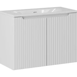 Garnero Arredamenti Mobile Bagno Sospeso-Mobile bagno sospeso cannettato 80cm con lavabo, colonna e 3 pensili bianco rovere Cleany