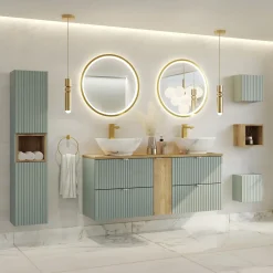 Garnero Arredamenti Mobile Bagno Sospeso-Mobile bagno sospeso cannettato 140cm 4 cassetti verde salvia rovere Greeny