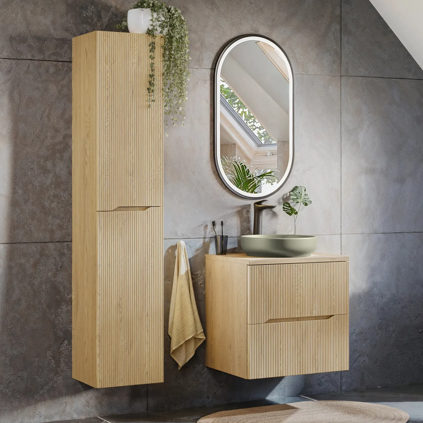 Garnero Arredamenti Mobile Bagno Sospeso-Mobile bagno sospeso cannettato 60cm con colonna rovere Pretty