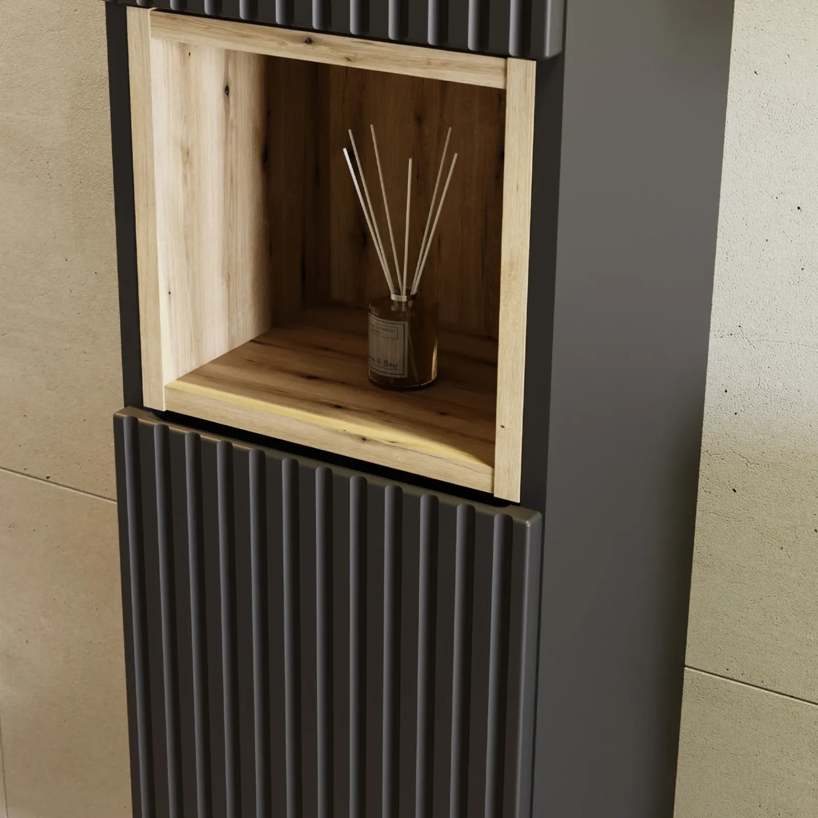 Garnero Arredamenti Mobile Bagno Sospeso-Mobile bagno sospeso cannettato 100cm con lavabo e colonna nero rovere Cleany