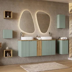 Garnero Arredamenti Mobile Bagno Sospeso-Mobile bagno sospeso cannettato 140cm 5 ante verde salvia rovere Greeny