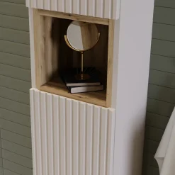 Garnero Arredamenti Mobile Bagno Sospeso-Mobile bagno sospeso cannettato 80cm con lavabo e colonna beige rovere Cleany