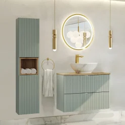 Garnero Arredamenti Mobile Bagno Sospeso-Mobile bagno sospeso cannettato 80cm con lavabo e colonna verde salvia rovere Greeny