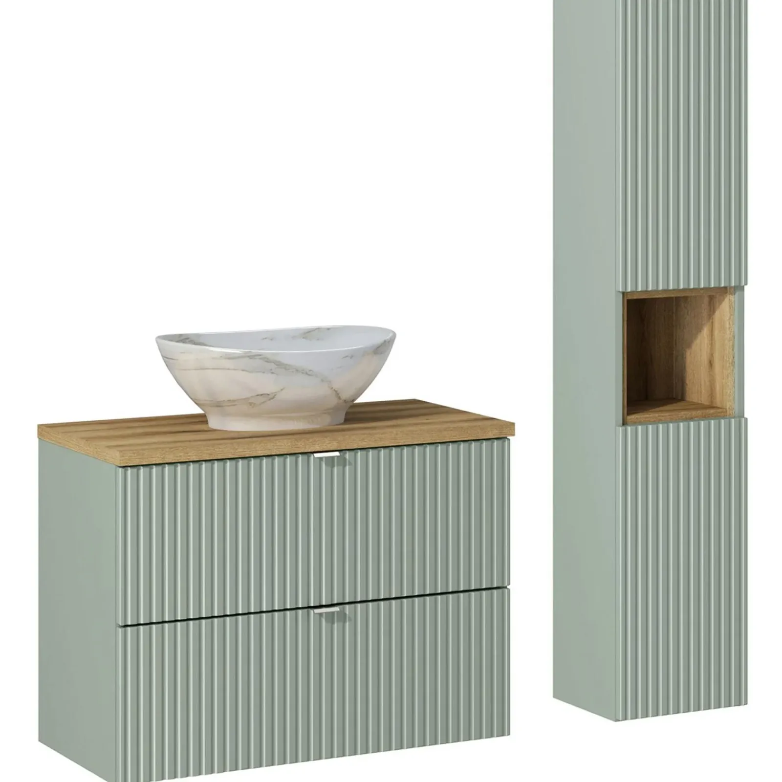 Garnero Arredamenti Mobile Bagno Sospeso-Mobile bagno sospeso cannettato 80cm con lavabo e colonna verde salvia rovere Greeny
