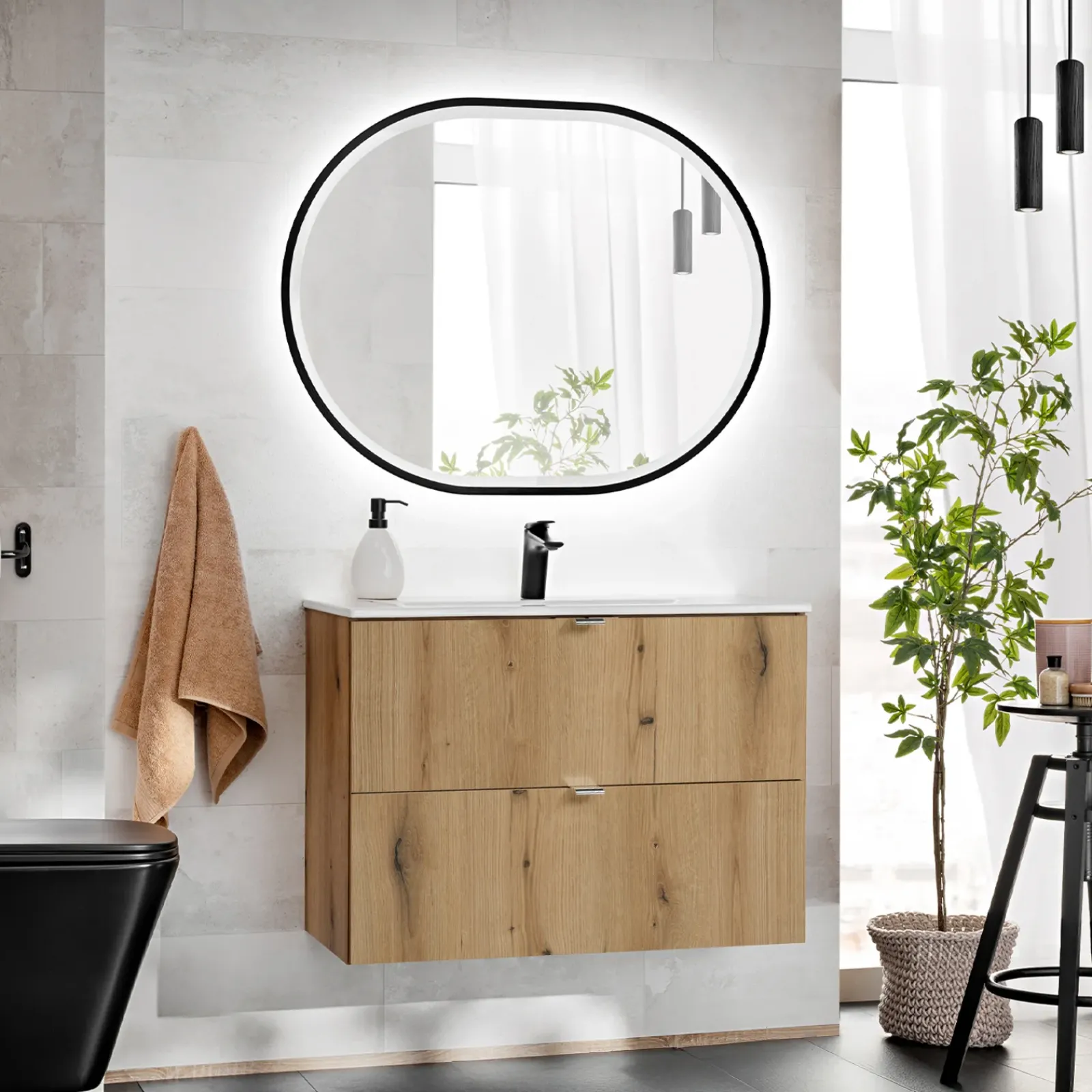 Garnero Arredamenti Mobile Bagno Sospeso-Mobile bagno sospeso 80cm 2 cassetti con lavabo rovere Rovery