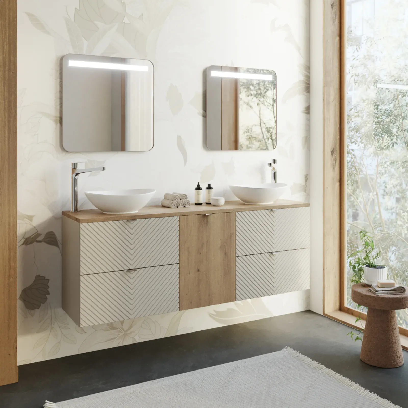 Garnero Arredamenti Mobile Bagno Sospeso-Mobile bagno sospeso 160cm 4 cassetti e portabiancheria beige cashmere Neutry