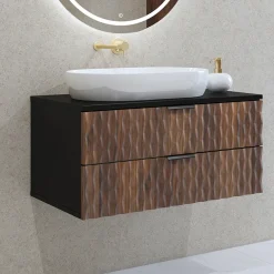Garnero Arredamenti Mobile Bagno Sospeso-Mobile bagno sospeso 82cm 2 cassetti nero frontali noce decorati Silvy