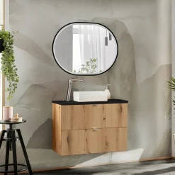 Garnero Arredamenti Mobile Bagno Sospeso-Mobile bagno sospeso 80cm 2 cassetti rovere nero Rovery Rovere - Nero