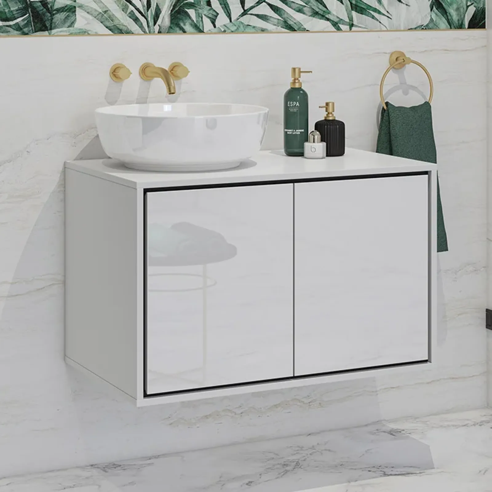 Garnero Arredamenti Mobile Bagno Sospeso-Mobile bagno sospeso 78cm 2 ante nero Linda Bianco Lucido