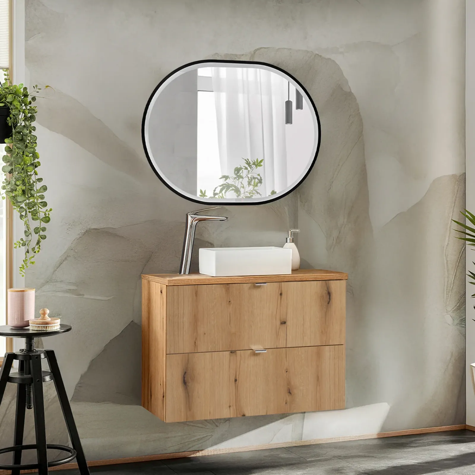 Garnero Arredamenti Mobile Bagno Sospeso-Mobile bagno sospeso 80cm 2 cassetti Rovery Rovere