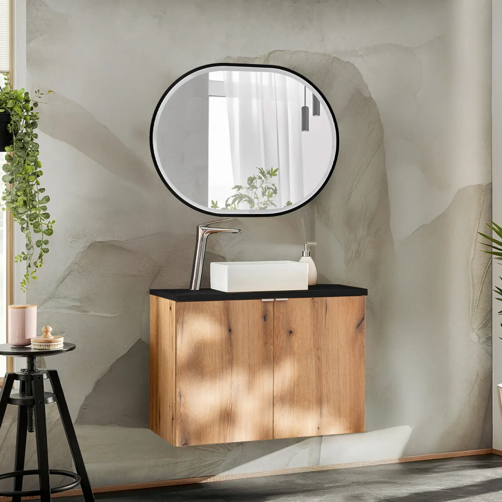 Garnero Arredamenti Mobile Bagno Sospeso-Mobile bagno sospeso 80cm 2 ante rovere nero Rovery Rovere - Nero