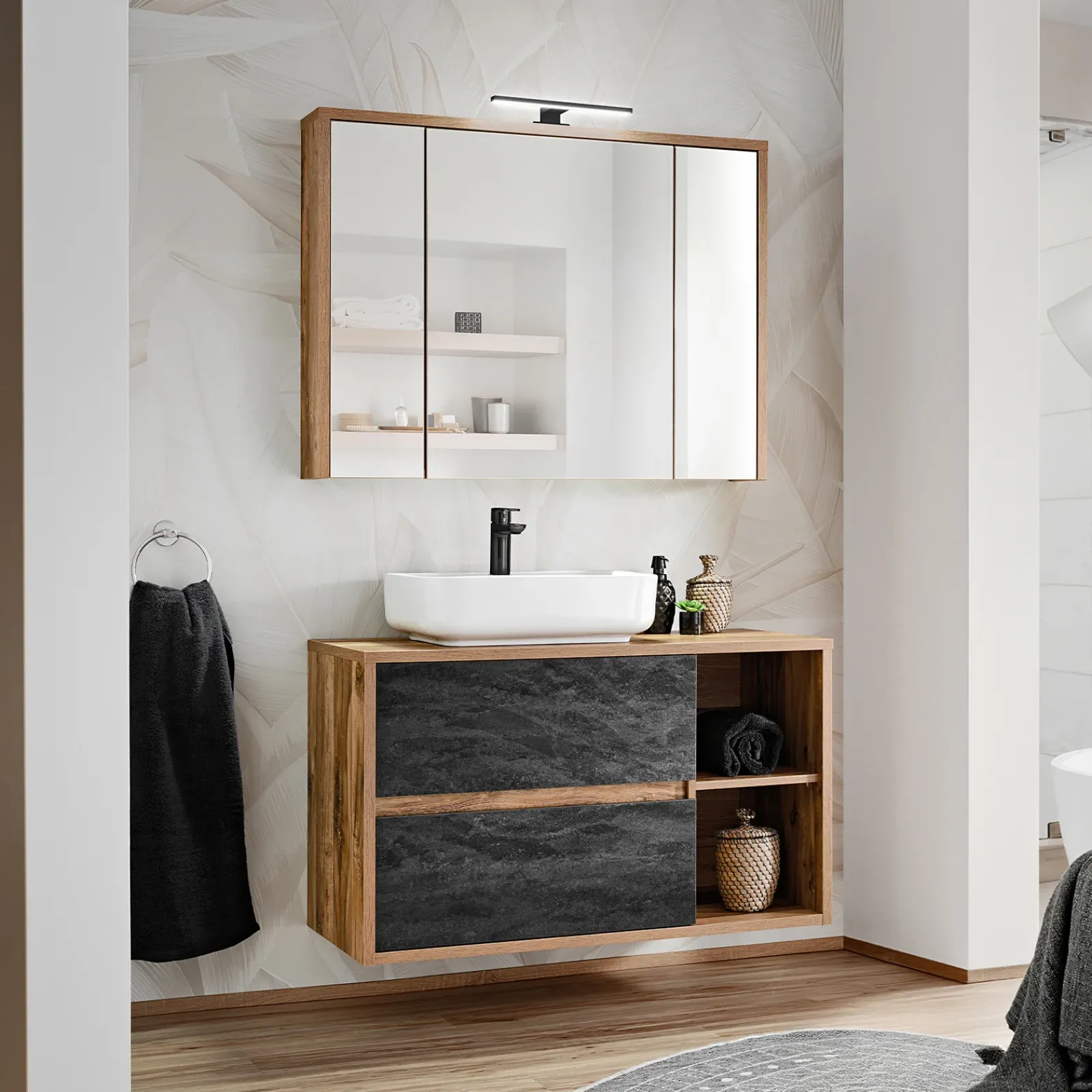 Garnero Arredamenti Mobile Bagno Sospeso-Mobile bagno sospeso 100cm 2 cassetti rovere antracite Stony