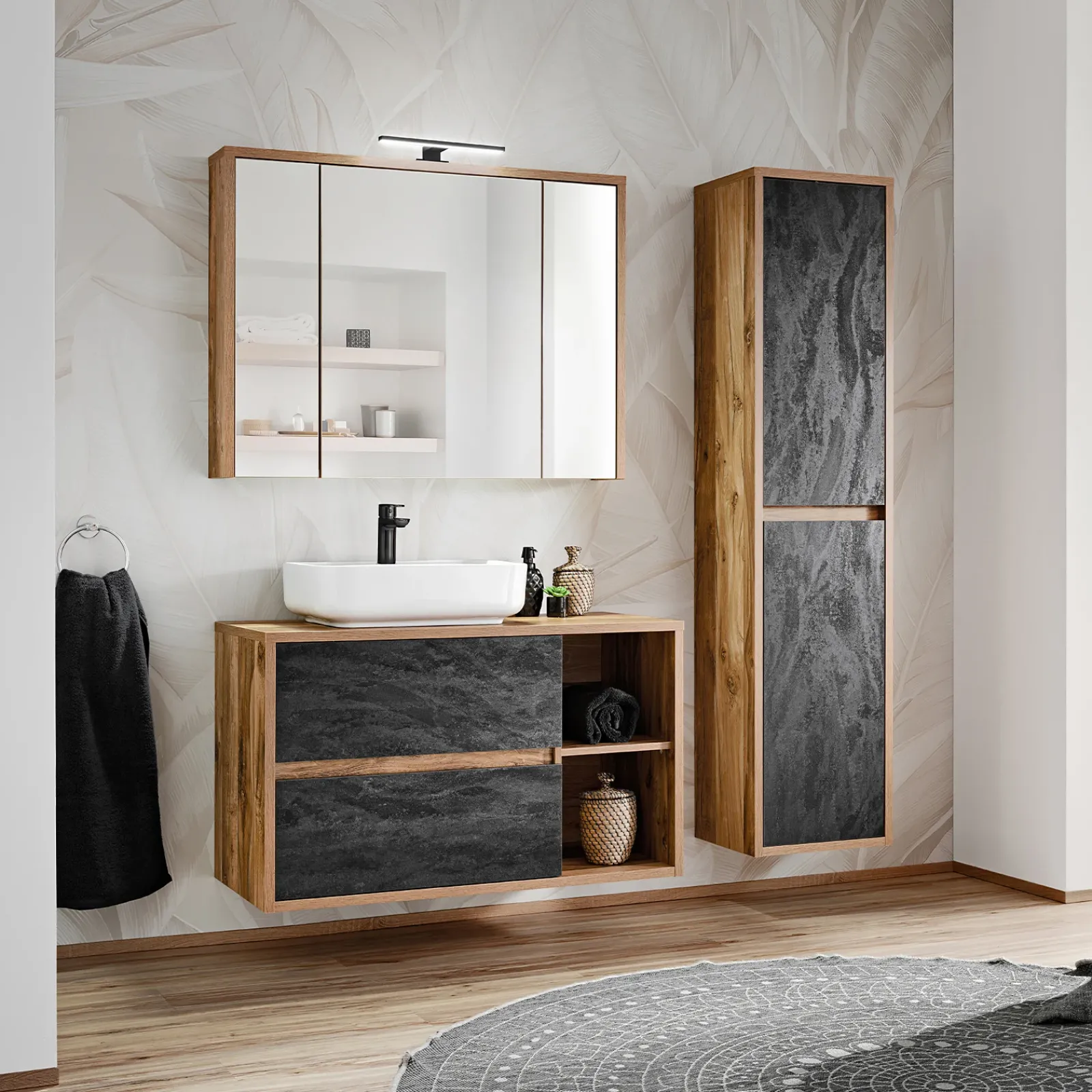 Garnero Arredamenti Mobile Bagno Sospeso-Mobile bagno sospeso 100cm 2 cassetti rovere antracite Stony