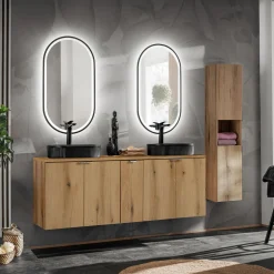 Garnero Arredamenti Mobile Bagno Sospeso-Mobile bagno sospeso 140cm 4 ante con colonna rovere Rovery