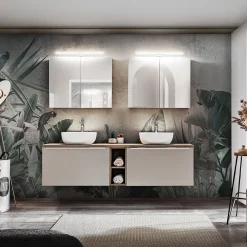 Garnero Arredamenti Mobile Bagno Sospeso-Mobile bagno sospeso 180cm 2 cassettoni e 2 cassetti attrezzati e 2 vani grigio quercia Serif