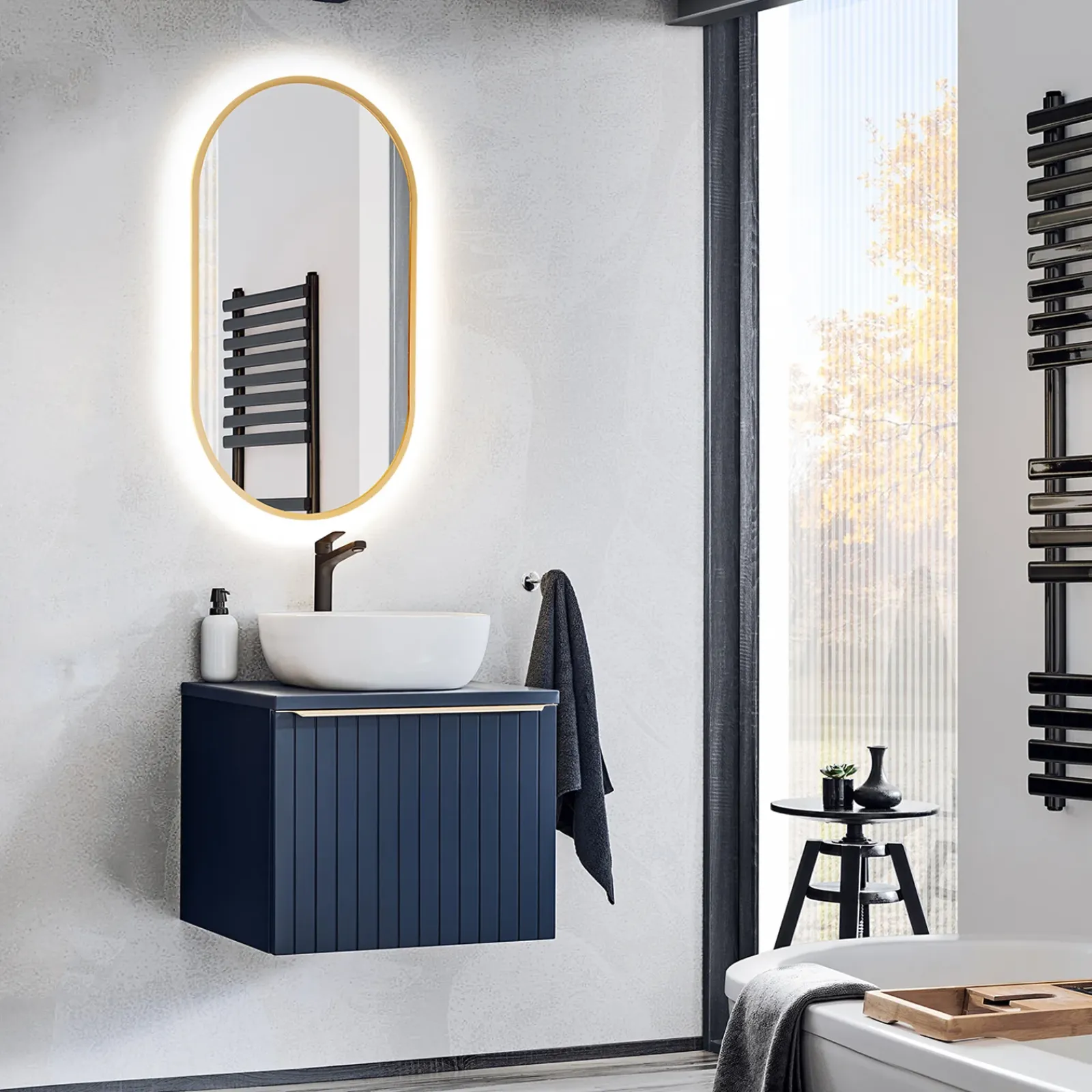 Garnero Arredamenti Mobile Bagno Sospeso-Mobile bagno sospeso 80cm 1 cassettone e 1 cassetto attrezzato cannettato blu Deep